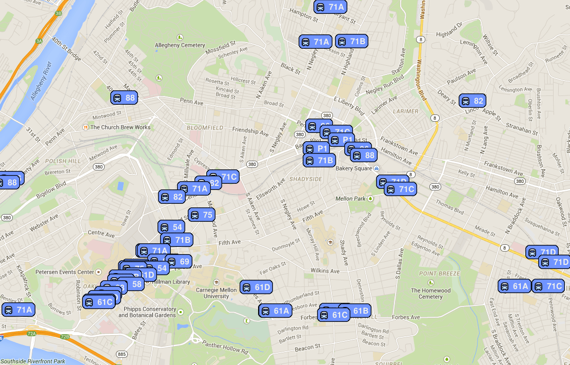 "Live" Map of Pittsburgh Bus Service