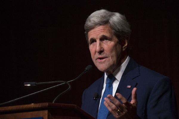 A photo of John Kerry speaking at the LBJ Library in 2016.